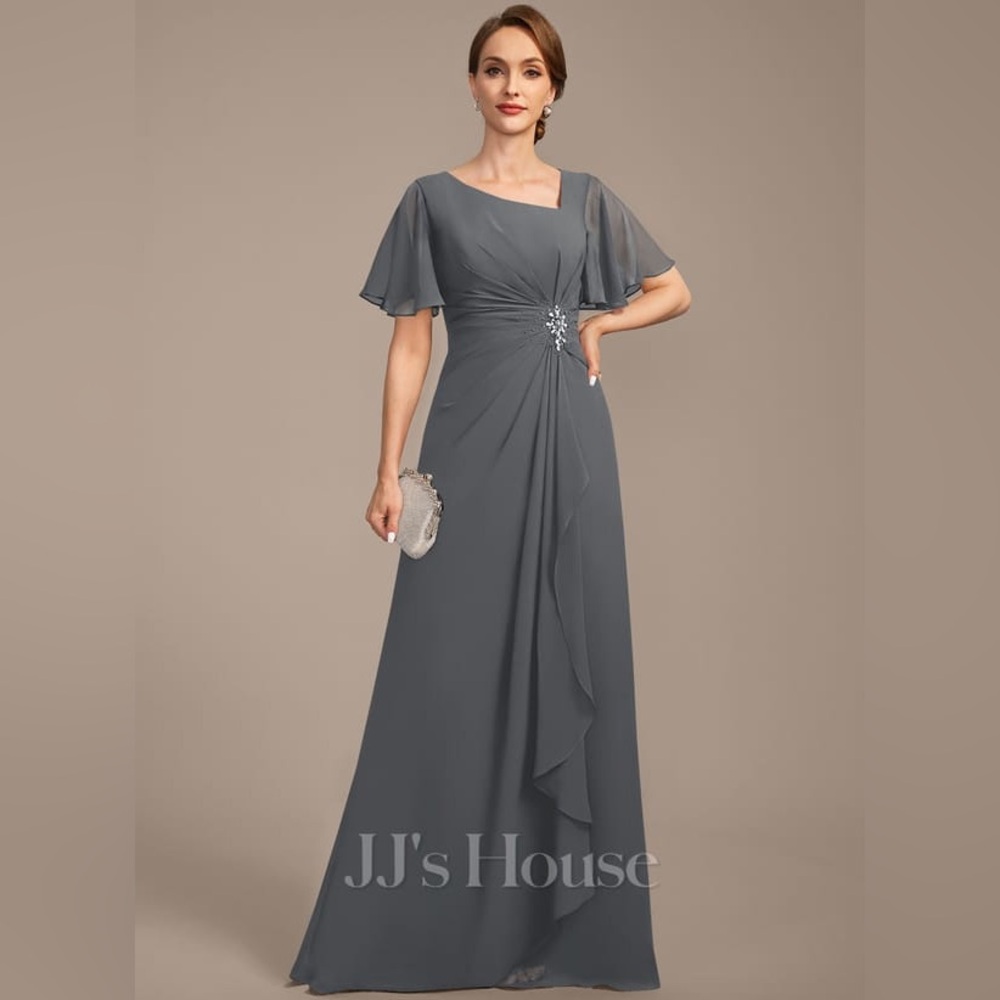 JJs House Slate Gray Chiffon Evening Dress with Flutter Sleeves